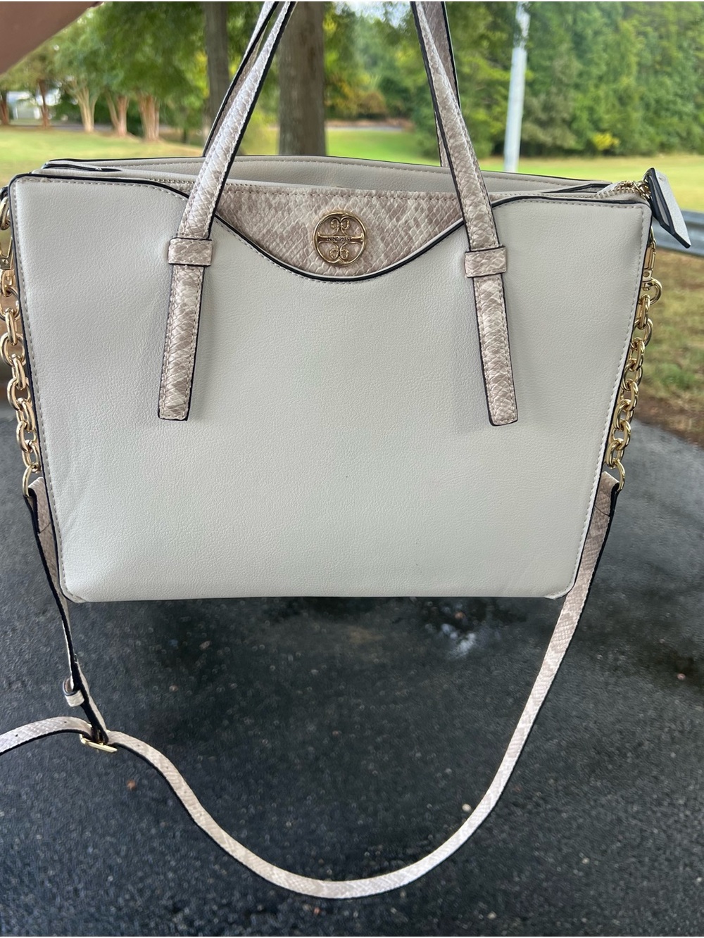 Nine West Cream Shoulder Bag with Gold Logo Accent